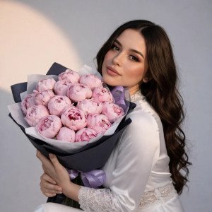15 розовых пионов в черной упаковке
